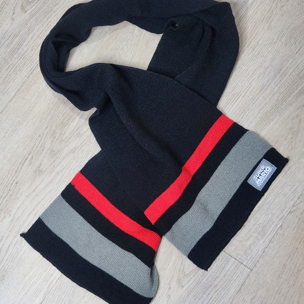 Nintendo brand Super Mario scarf in black with red and gray Stripes